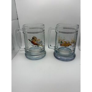 Vintage Wildlife Glass Beer Mugs Set of 2 Pheasant & Mallard Duck Greek Key